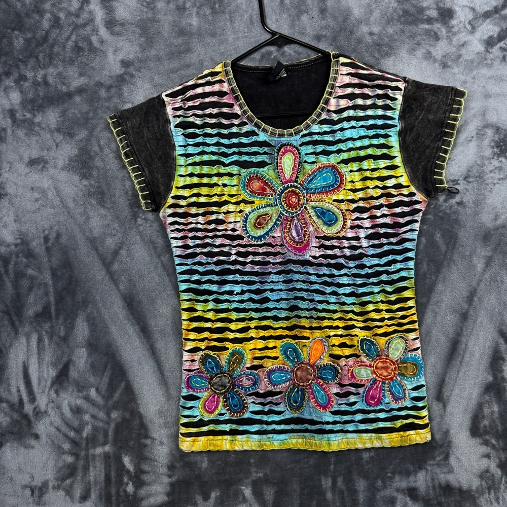 Shop Therapy T-Shirt Womens Small Multi Color Tie Dye Floral Peace Sign Boho